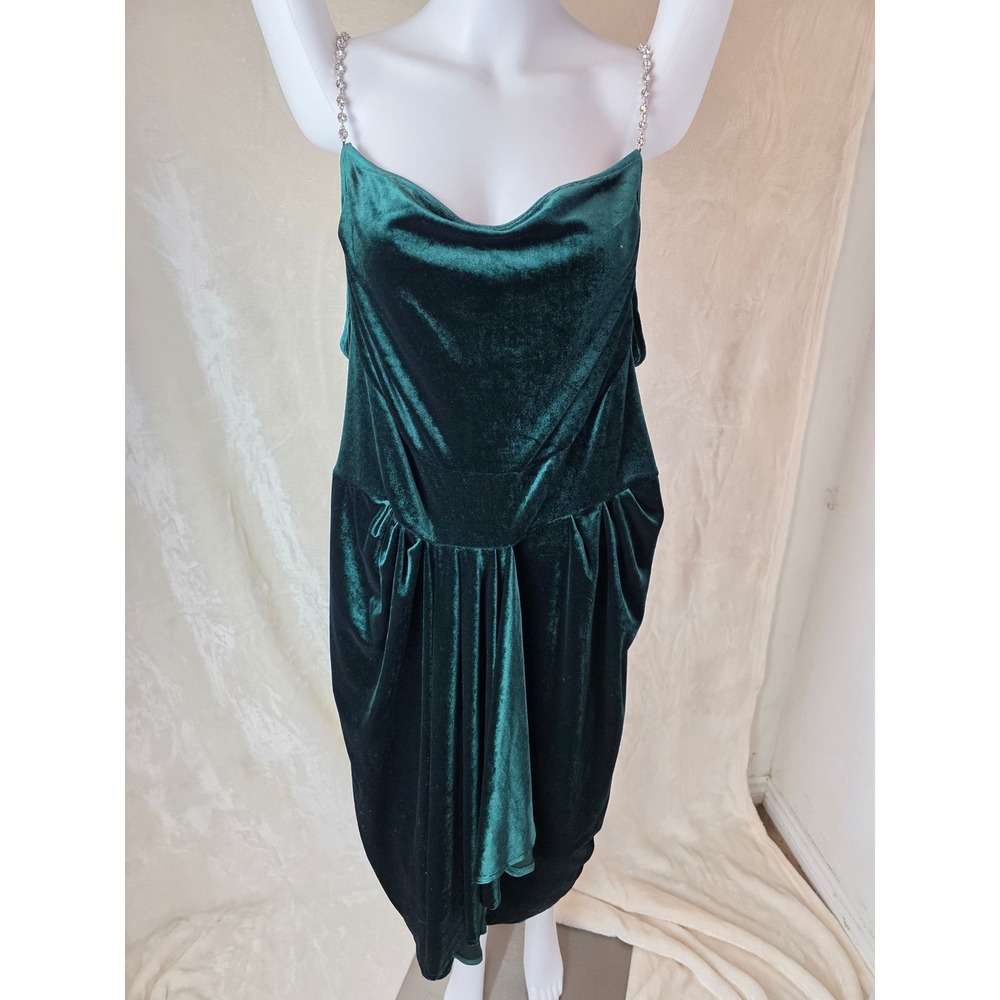 Emerald Green Velvet Rhinestone Strap Cowl Neck Draped Mini Dress 3XL